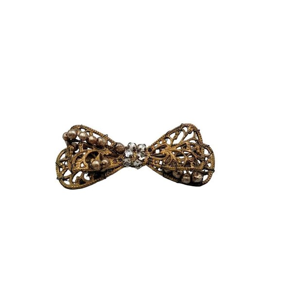 Miriam Haskell Small Bow Brooch 50s Filigree Faux Pearl Rhinestones TLC Needed - Picture 1 of 12